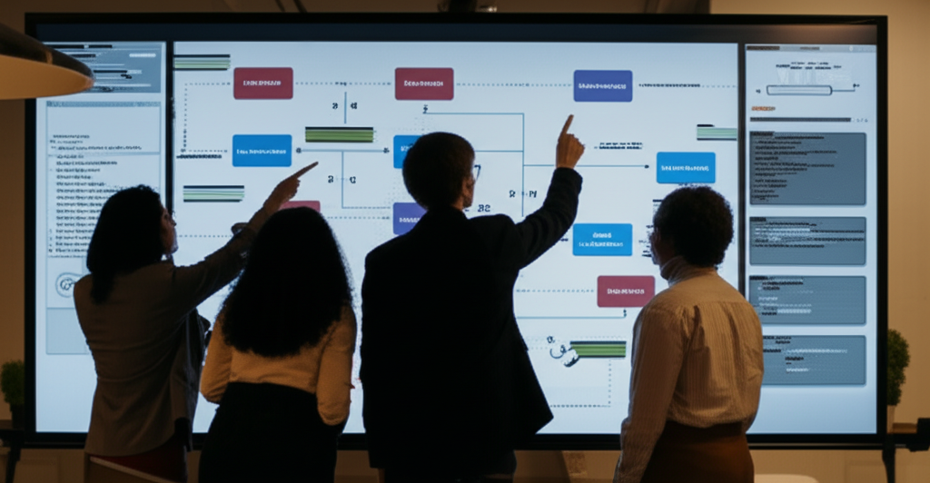Equipe de consultoria técnica analisando arquitetura de software com visualização de dados